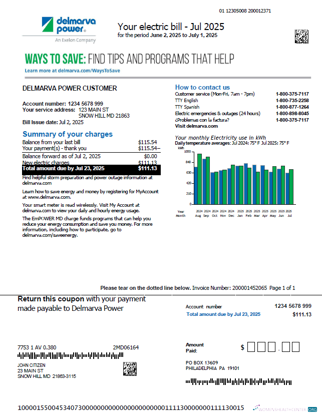 download USA Delmarva Power utility bill template in Word and PDF formats, version 3 PDF template